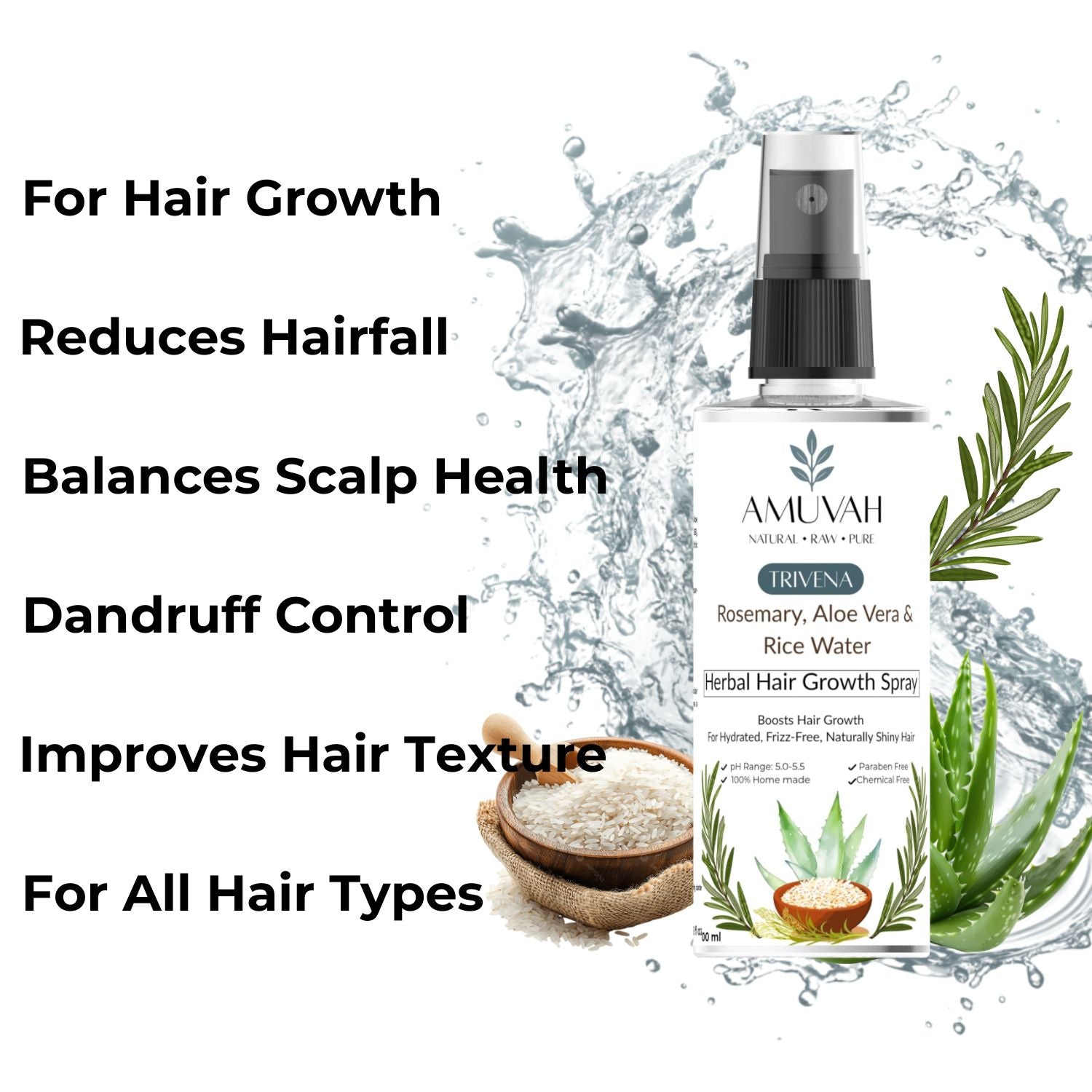 Amuvah Rosemary Hair Spray for Hair Growth & Scalp Nourishment | Natural Hair Mist with Aloe Vera & Rice Water | Anti Hair Fall & Frizz Control – 100ml